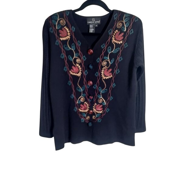 Carole Little Black Wool Floral Embroidered‎ Cardigan Size P/S - Picture 1 of 8